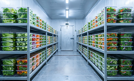 refrigerated storage room filled with neatly arranged containers of fresh vegetables and salads organized on shelves showcasing healthy food choices and convenience for meal preparation 2 types of vegetables and salads present