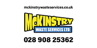 McKinstry Waste Services company logo featuring bright yellow text and contact information for waste disposal services and sustainable practices 3 locations available 3 services offered